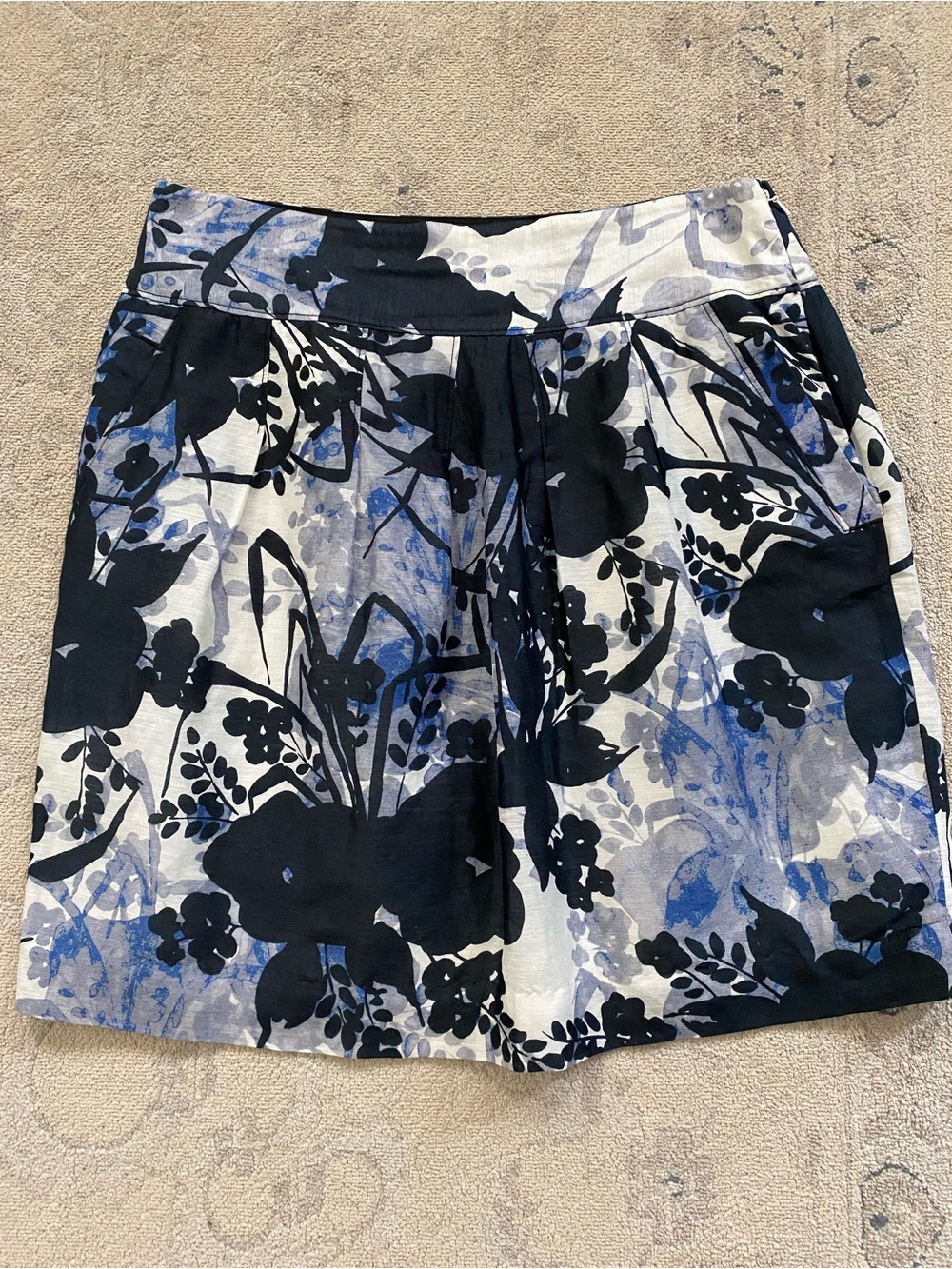 Ann Taylor Linen Silk Skirt Size 8 Abstract Floral Print Pockets Blue White Bold